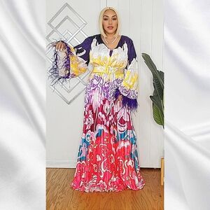 L'ATISTE Multicolor Feathered Maxi Dress